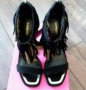 Express Chain and Suede Fringe Runway Heel